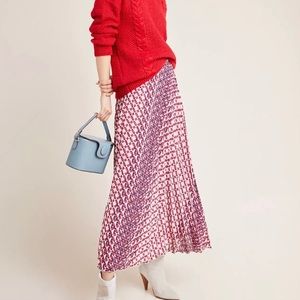 Anthropologie Pink and Red Patterned Pleated Maxi Skirt